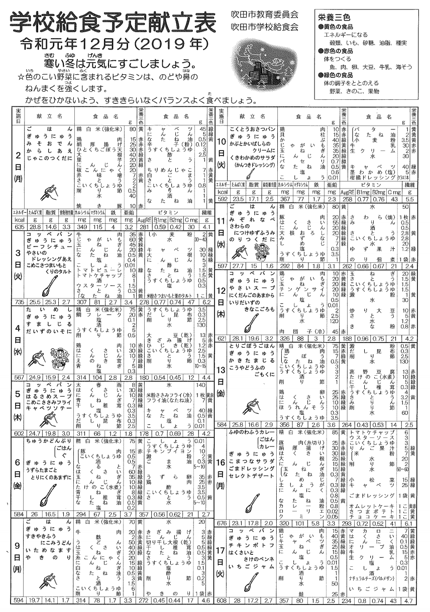 佐井寺店 １２月度吹田市学校給食献立表 株式会社ニッコー